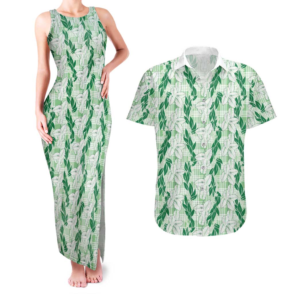 Hawaii Ti Leaf Maile Tuberose Lei Couples Matching Tank Maxi Dress and Hawaiian Shirt With Hanalei Leaf Green
