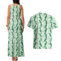Hawaii Ti Leaf Maile Tuberose Lei Couples Matching Tank Maxi Dress and Hawaiian Shirt With Hanalei Leaf Green