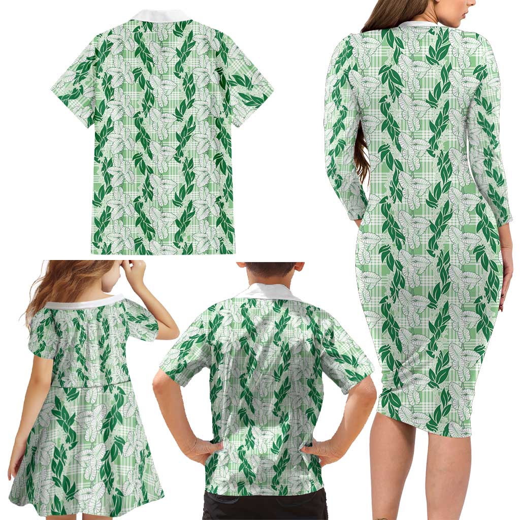 Hawaii Ti Leaf Maile Tuberose Lei Family Matching Long Sleeve Bodycon Dress and Hawaiian Shirt With Hanalei Leaf Green LT05 - Polynesian Pride