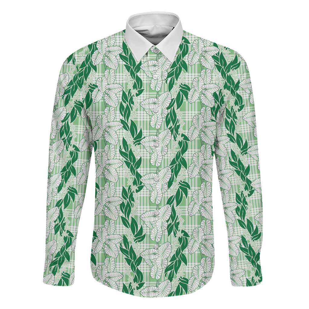 Hawaii Ti Leaf Maile Tuberose Lei Family Matching Long Sleeve Bodycon Dress and Hawaiian Shirt With Hanalei Leaf Green LT05 Dad's Shirt - Long Sleeve Green - Polynesian Pride