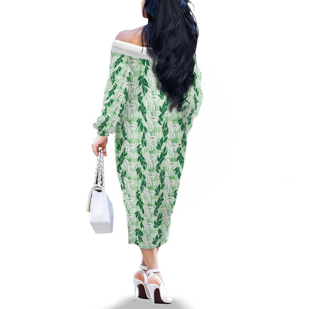 Hawaii Ti Leaf Maile Tuberose Lei Family Matching Off The Shoulder Long Sleeve Dress and Hawaiian Shirt With Hanalei Leaf Green LT05 - Polynesian Pride