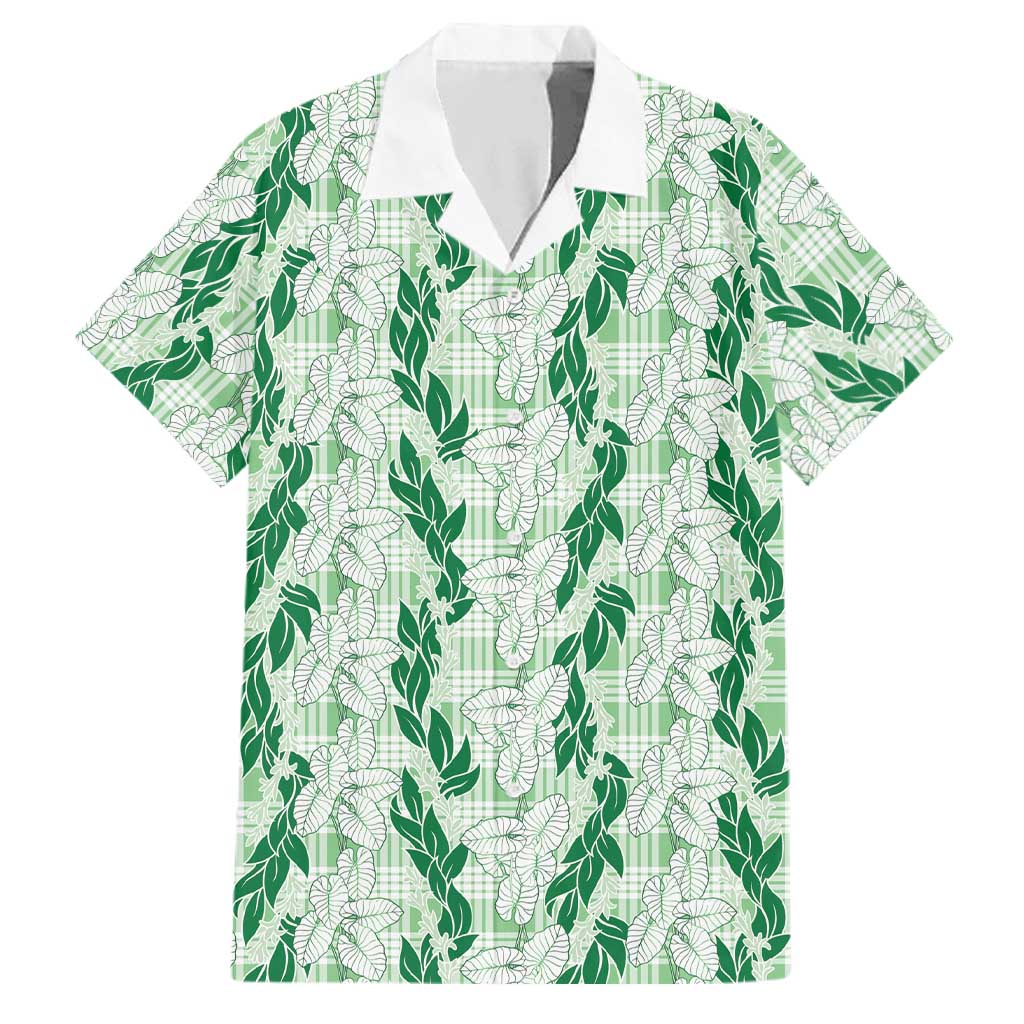 Hawaii Ti Leaf Maile Tuberose Lei Family Matching Off Shoulder Maxi Dress and Hawaiian Shirt With Hanalei Leaf Green