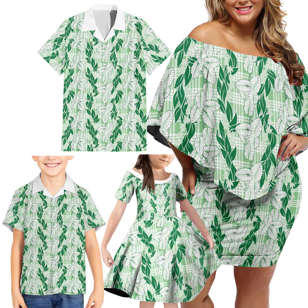 Hawaii Ti Leaf Maile Tuberose Lei Family Matching Off Shoulder Short Dress and Hawaiian Shirt With Hanalei Leaf Green LT05 - Polynesian Pride
