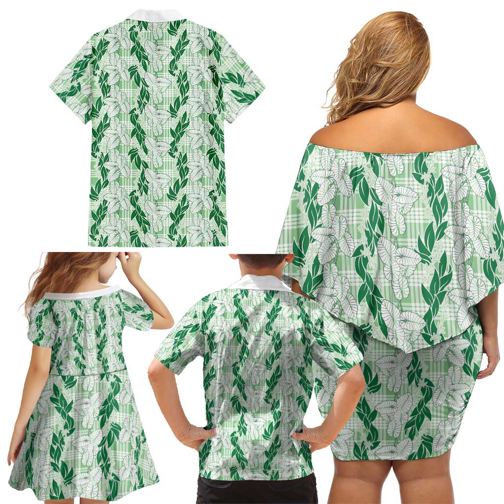 Hawaii Ti Leaf Maile Tuberose Lei Family Matching Off Shoulder Short Dress and Hawaiian Shirt With Hanalei Leaf Green LT05 - Polynesian Pride