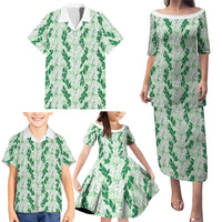 Hawaii Ti Leaf Maile Tuberose Lei Family Matching Puletasi and Hawaiian Shirt With Hanalei Leaf Green