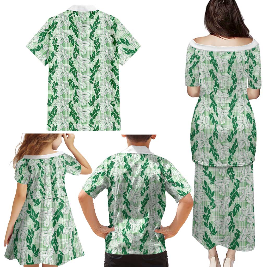 Hawaii Ti Leaf Maile Tuberose Lei Family Matching Puletasi and Hawaiian Shirt With Hanalei Leaf Green