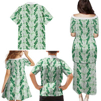 Hawaii Ti Leaf Maile Tuberose Lei Family Matching Puletasi and Hawaiian Shirt With Hanalei Leaf Green