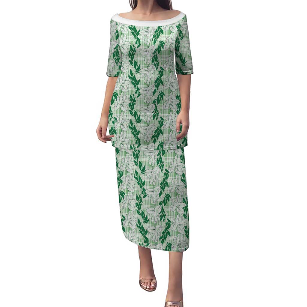 Hawaii Ti Leaf Maile Tuberose Lei Family Matching Puletasi and Hawaiian Shirt With Hanalei Leaf Green