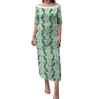 Hawaii Ti Leaf Maile Tuberose Lei Family Matching Puletasi and Hawaiian Shirt With Hanalei Leaf Green
