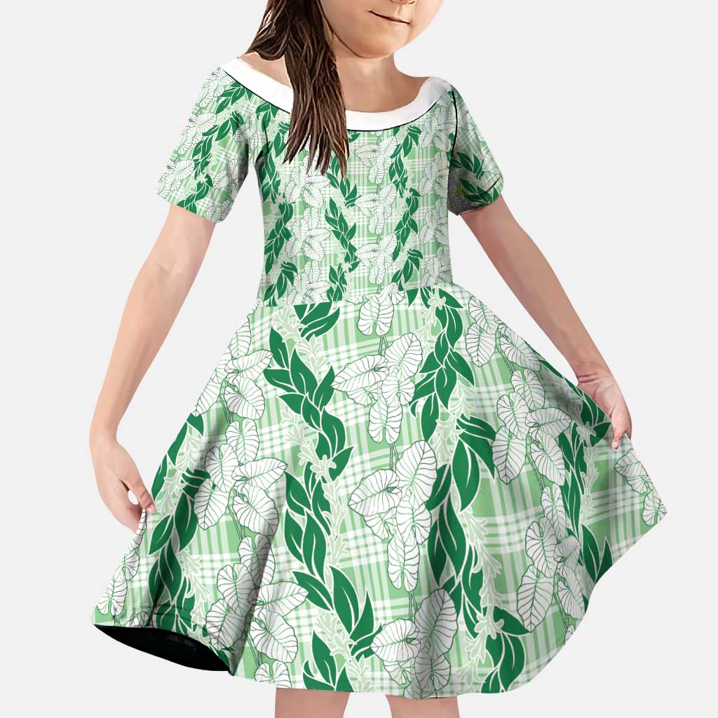 Hawaii Ti Leaf Maile Tuberose Lei Family Matching Short Sleeve Bodycon Dress and Hawaiian Shirt With Hanalei Leaf Green LT05 Daughter's Dress Green - Polynesian Pride