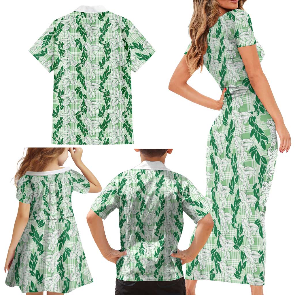 Hawaii Ti Leaf Maile Tuberose Lei Family Matching Short Sleeve Bodycon Dress and Hawaiian Shirt With Hanalei Leaf Green LT05 - Polynesian Pride