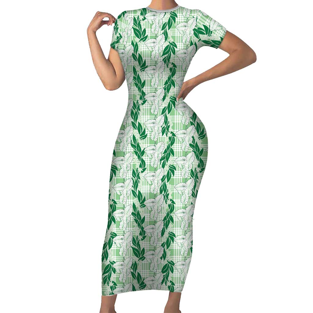 Hawaii Ti Leaf Maile Tuberose Lei Family Matching Short Sleeve Bodycon Dress and Hawaiian Shirt With Hanalei Leaf Green LT05 Mom's Dress Green - Polynesian Pride
