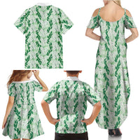 Hawaii Ti Leaf Maile Tuberose Lei Family Matching Summer Maxi Dress and Hawaiian Shirt With Hanalei Leaf Green