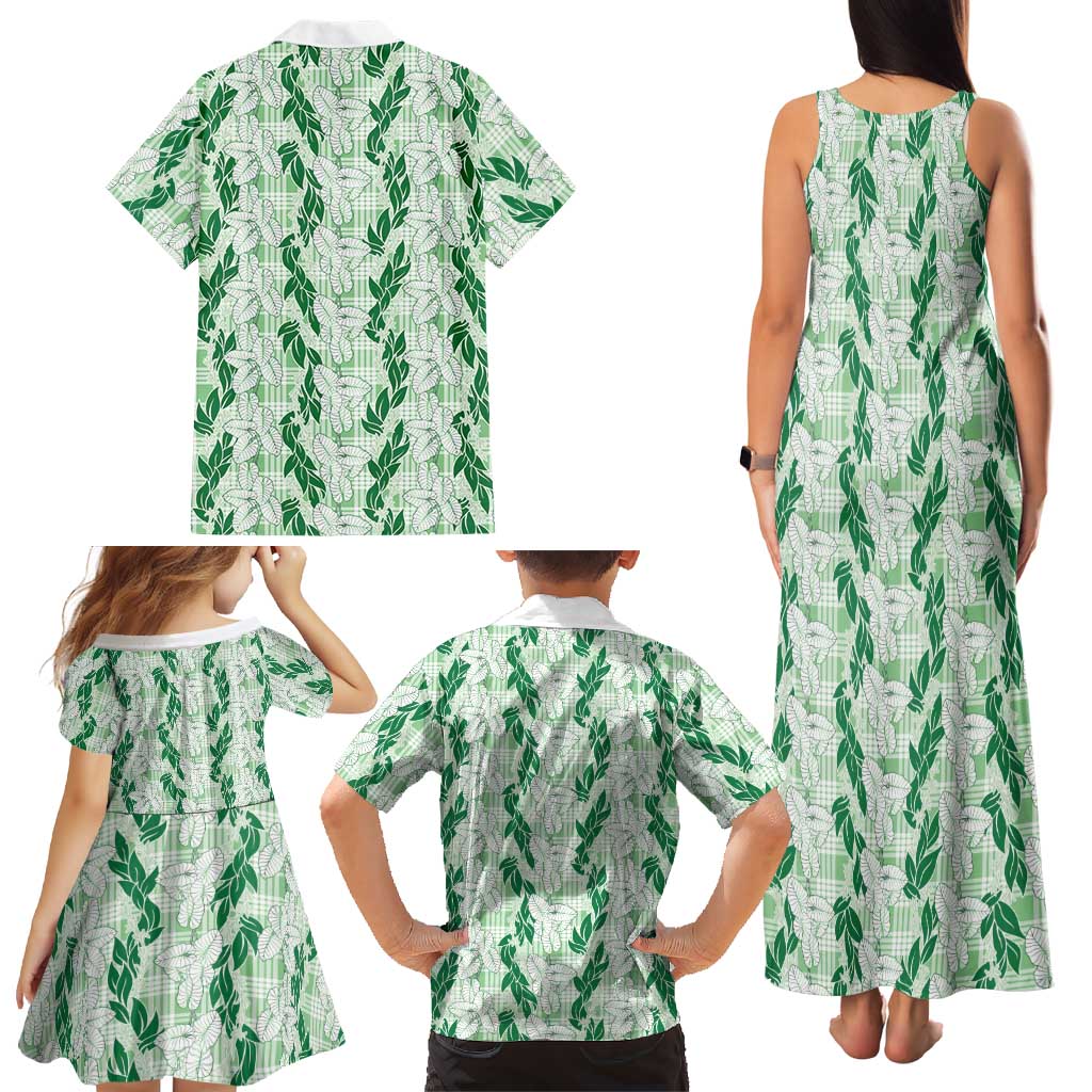 Hawaii Ti Leaf Maile Tuberose Lei Family Matching Tank Maxi Dress and Hawaiian Shirt With Hanalei Leaf Green LT05 - Polynesian Pride