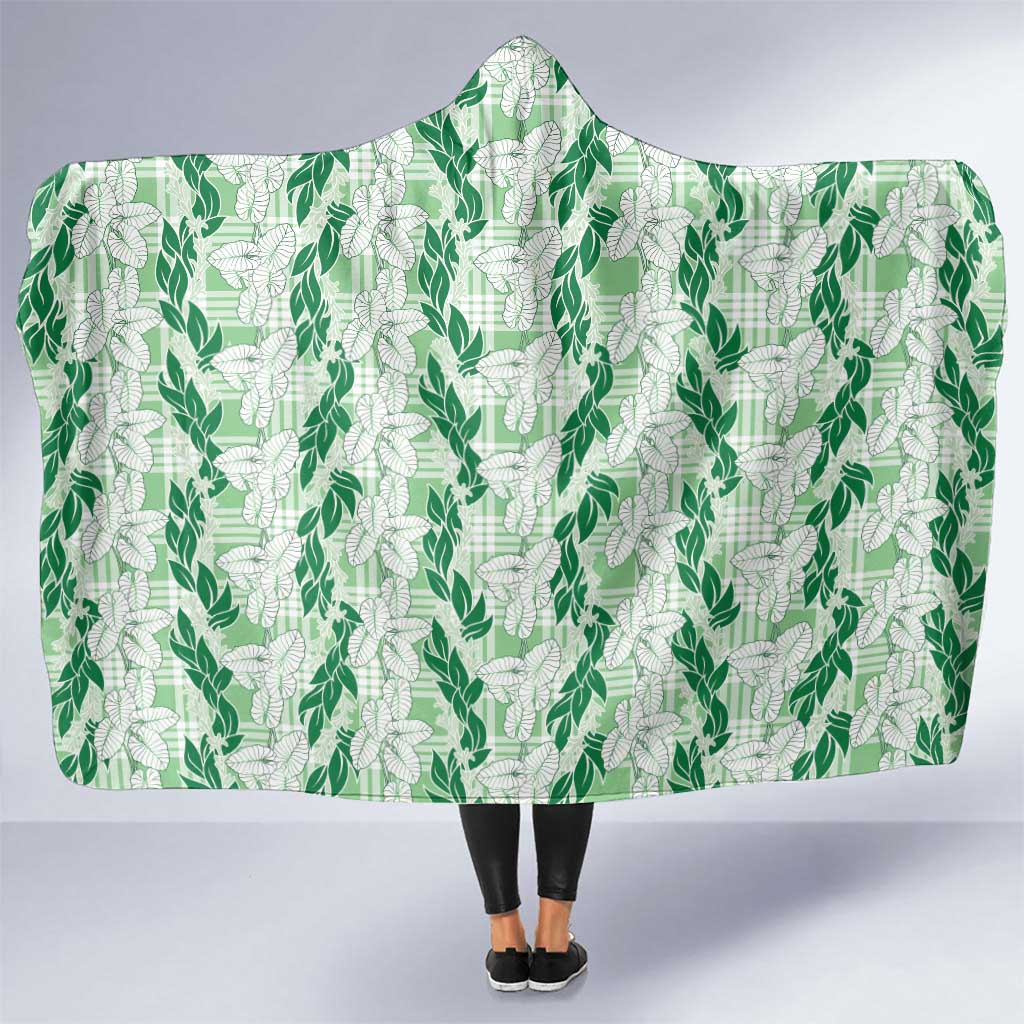 Hawaii Ti Leaf Maile Tuberose Lei Hooded Blanket With Hanalei Leaf Green