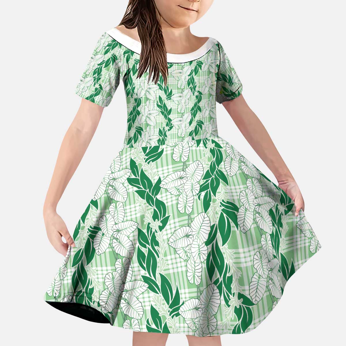 Hawaii Ti Leaf Maile Tuberose Lei Kid Short Sleeve Dress With Hanalei Leaf Green