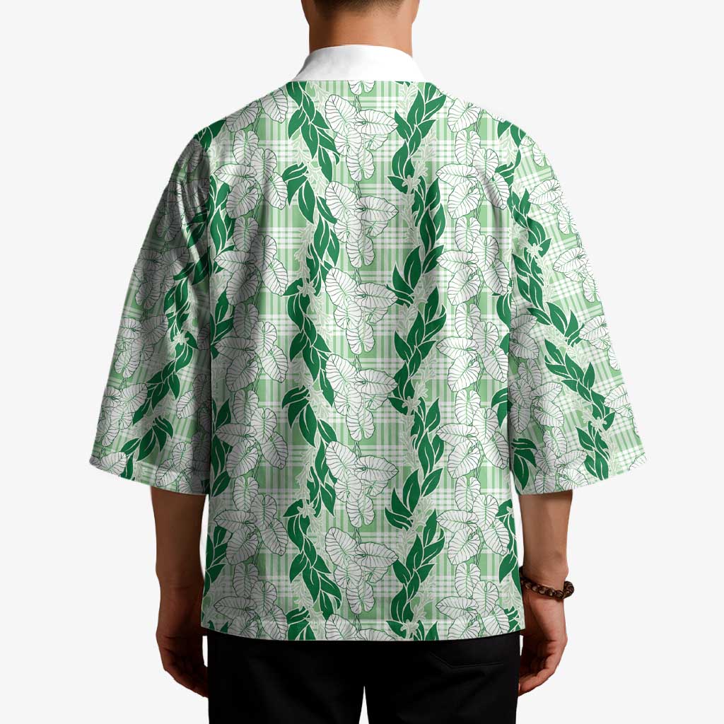 Hawaii Ti Leaf Maile Tuberose Lei Kimono With Hanalei Leaf Green