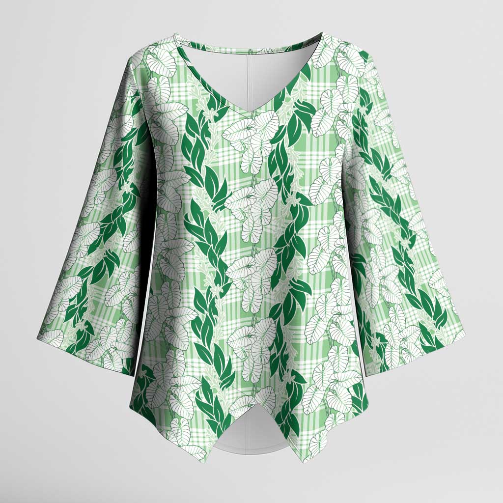 Hawaii Ti Leaf Maile Tuberose Lei Kimono Sleeve Blouse With Hanalei Leaf Green