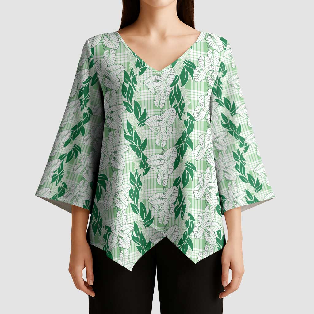Hawaii Ti Leaf Maile Tuberose Lei Kimono Sleeve Blouse With Hanalei Leaf Green