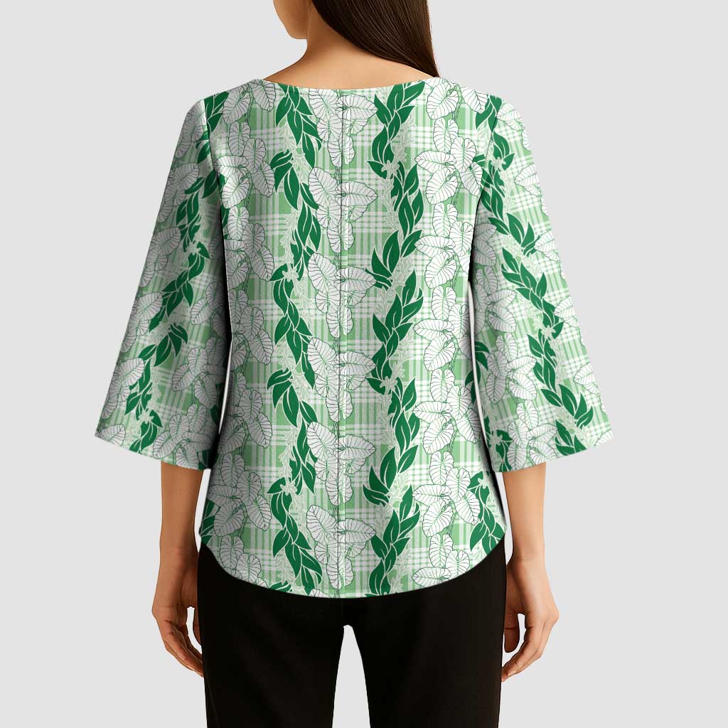 Hawaii Ti Leaf Maile Tuberose Lei Kimono Sleeve Blouse With Hanalei Leaf Green