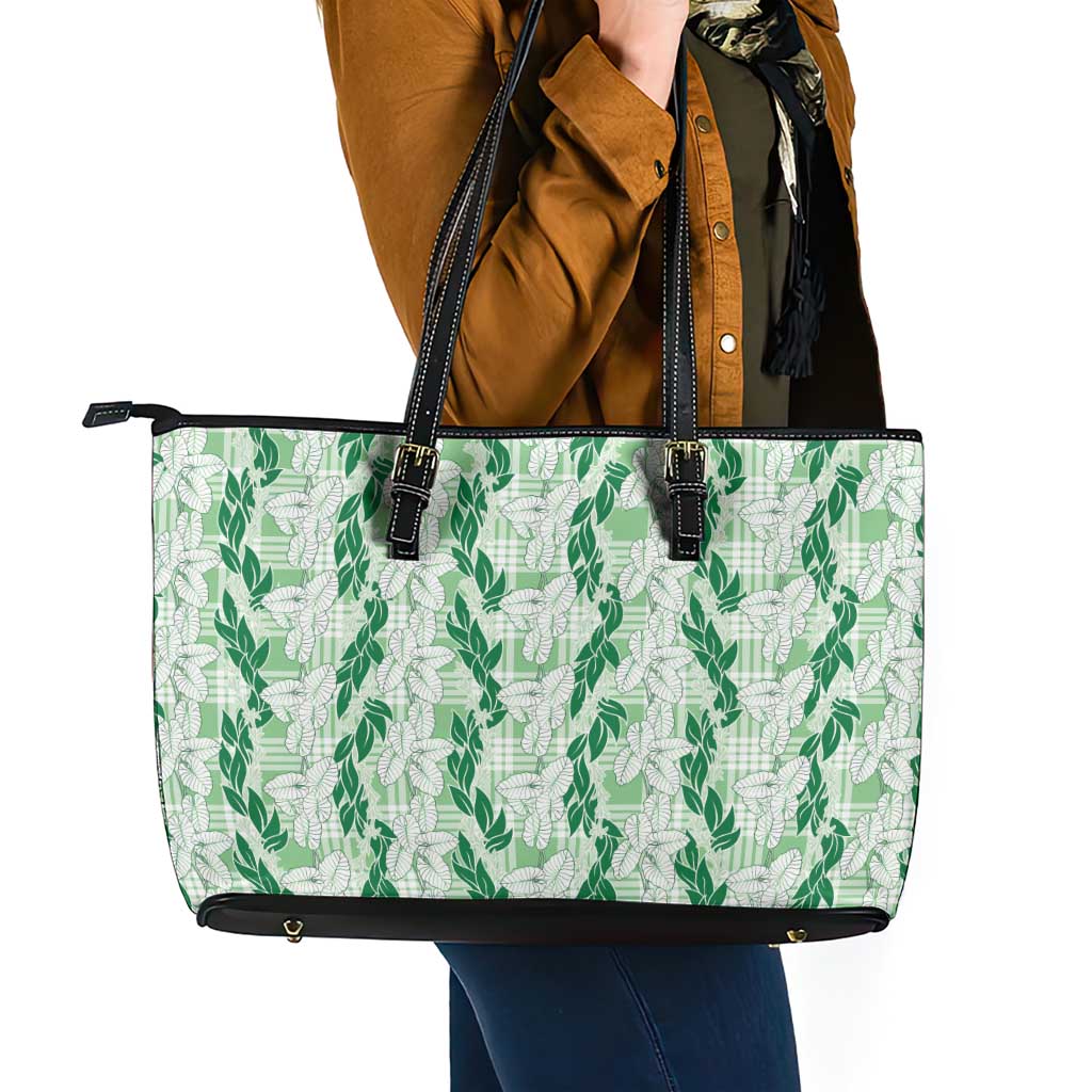 Hawaii Ti Leaf Maile Tuberose Lei Leather Tote Bag With Hanalei Leaf Green