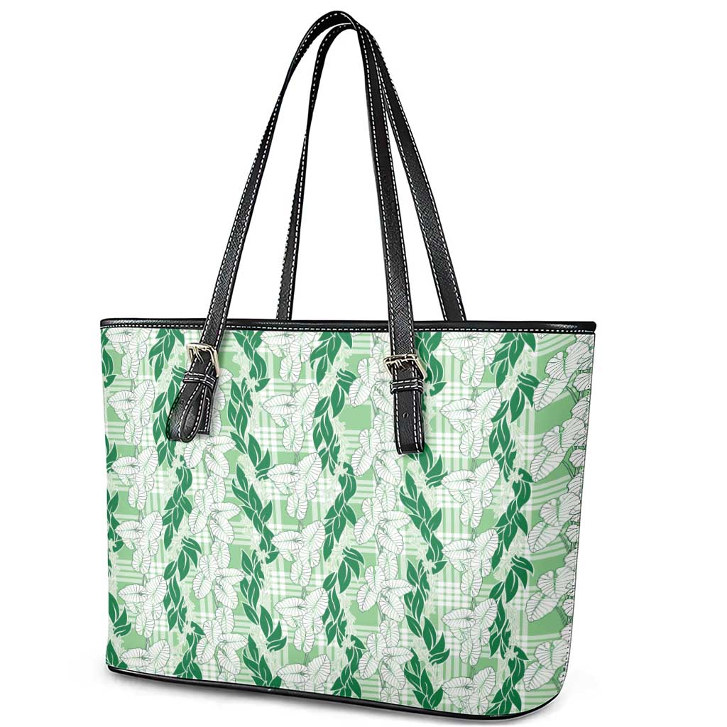 Hawaii Ti Leaf Maile Tuberose Lei Leather Tote Bag With Hanalei Leaf Green