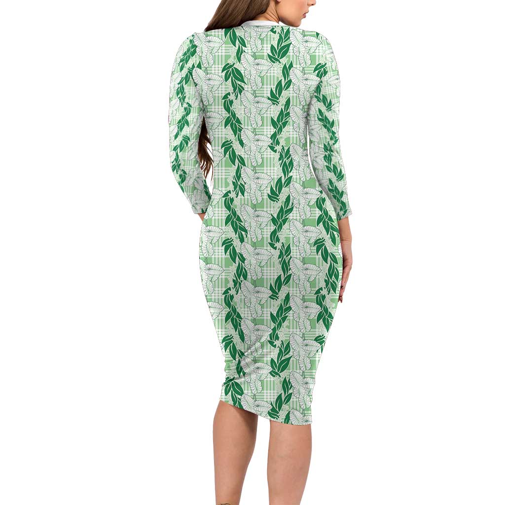 Hawaii Ti Leaf Maile Tuberose Lei Long Sleeve Bodycon Dress With Hanalei Leaf Green