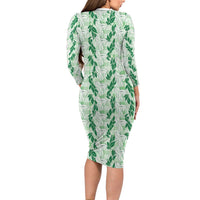 Hawaii Ti Leaf Maile Tuberose Lei Long Sleeve Bodycon Dress With Hanalei Leaf Green