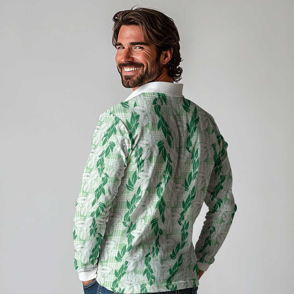 Hawaii Ti Leaf Maile Tuberose Lei Long Sleeve Polo Shirt With Hanalei Leaf Green
