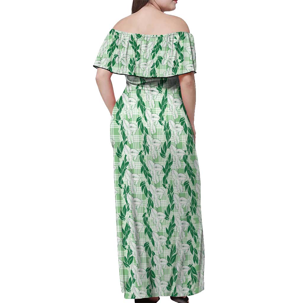 Hawaii Ti Leaf Maile Tuberose Lei Off Shoulder Maxi Dress With Hanalei Leaf Green
