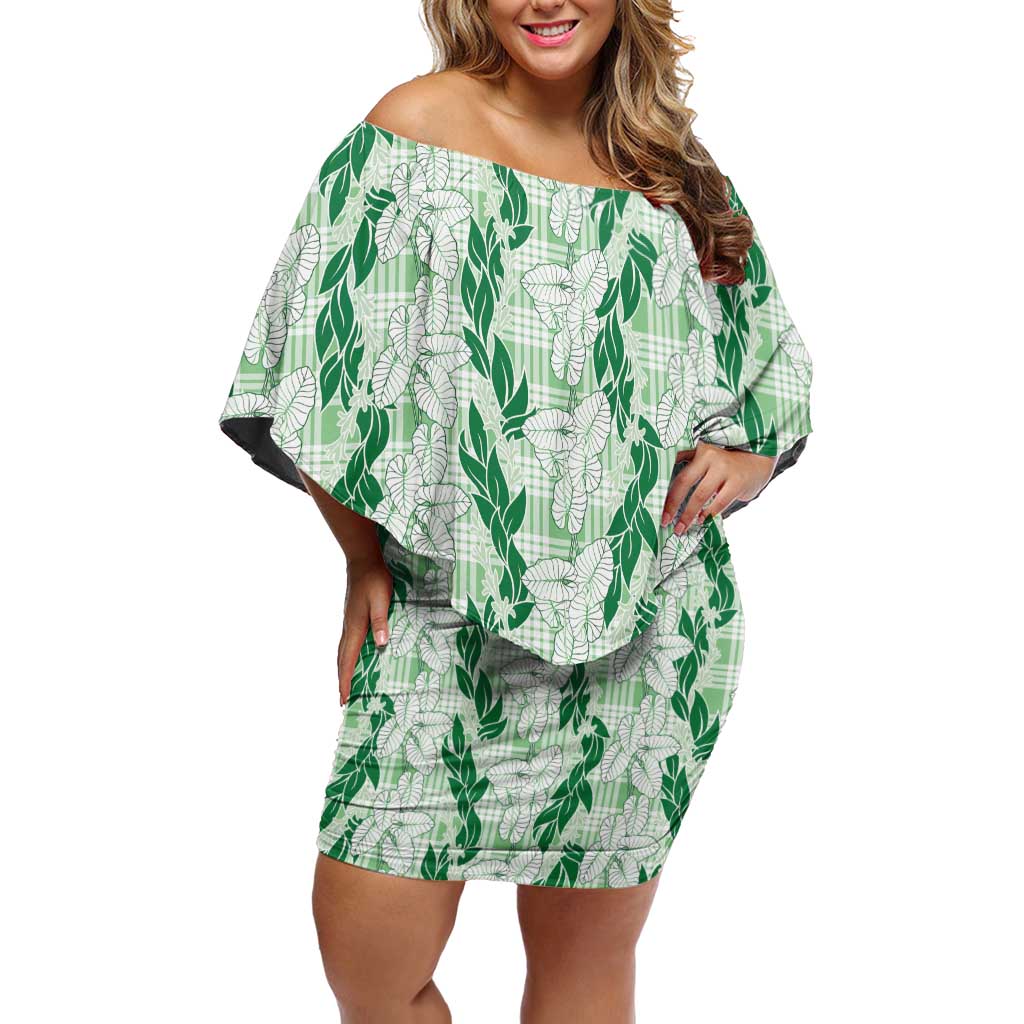 Hawaii Ti Leaf Maile Tuberose Lei Off Shoulder Short Dress With Hanalei Leaf Green