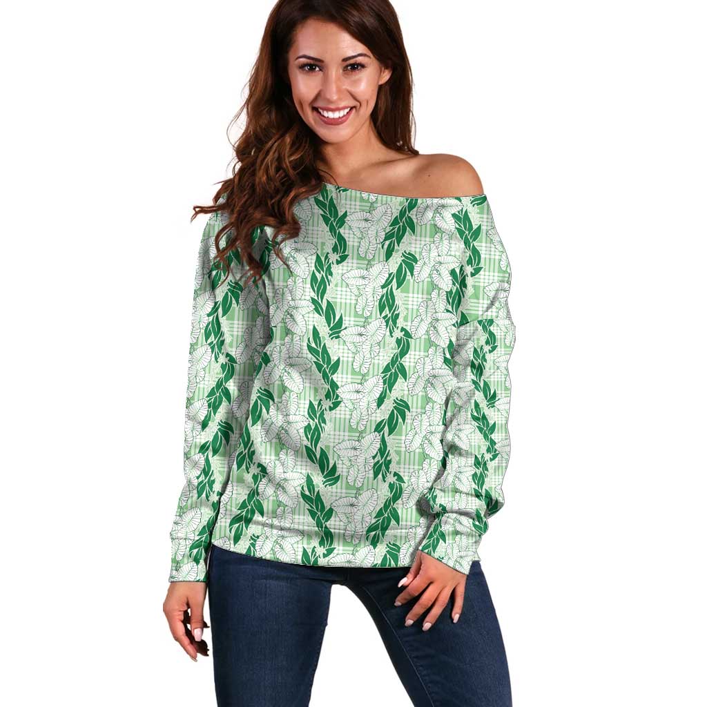 Hawaii Ti Leaf Maile Tuberose Lei Off Shoulder Sweater With Hanalei Leaf Green