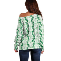 Hawaii Ti Leaf Maile Tuberose Lei Off Shoulder Sweater With Hanalei Leaf Green