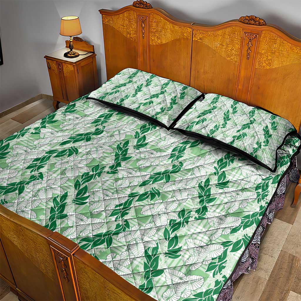 Hawaii Ti Leaf Maile Tuberose Lei Quilt Bed Set With Hanalei Leaf Green