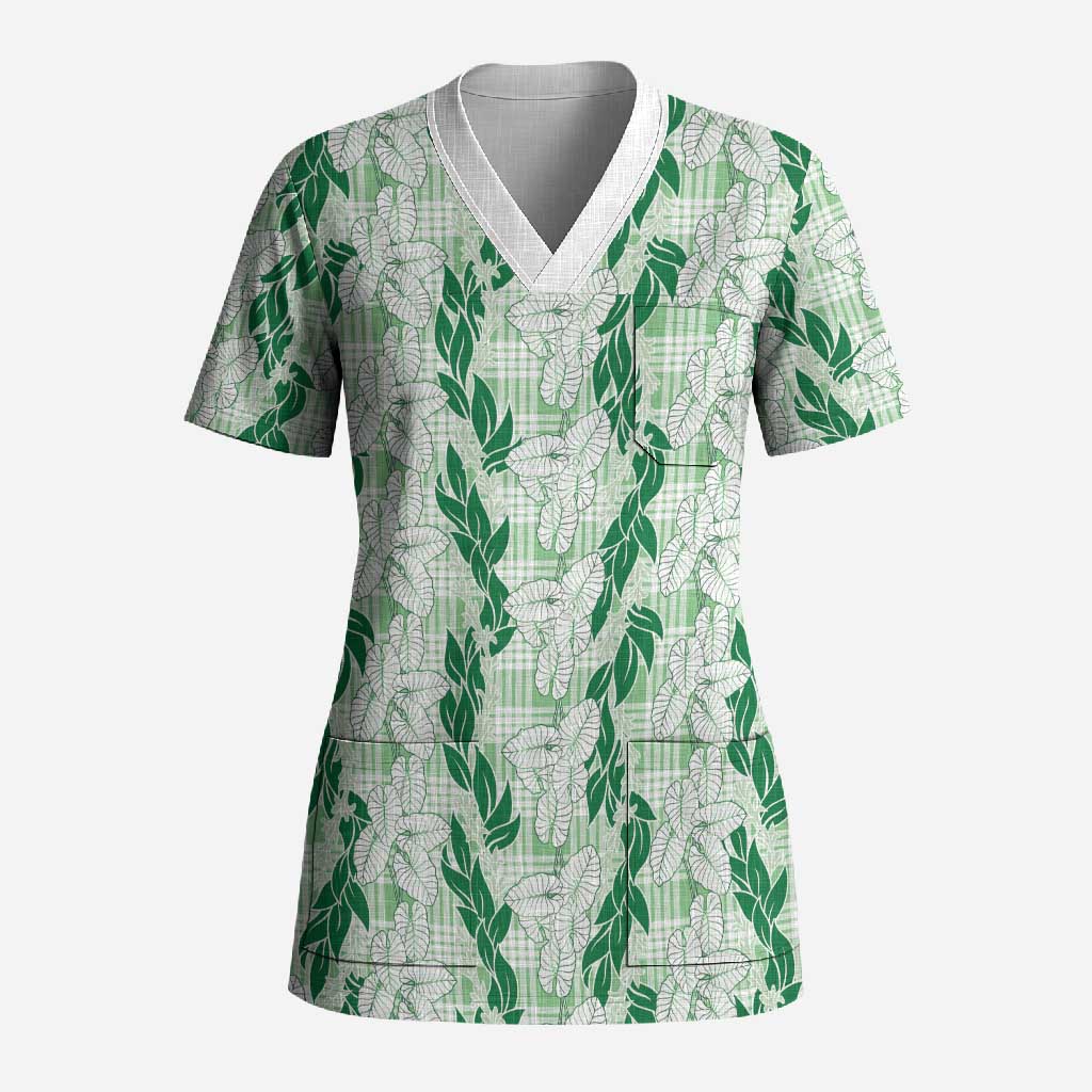 Hawaii Ti Leaf Maile Tuberose Lei Scrub Top With Hanalei Leaf Green
