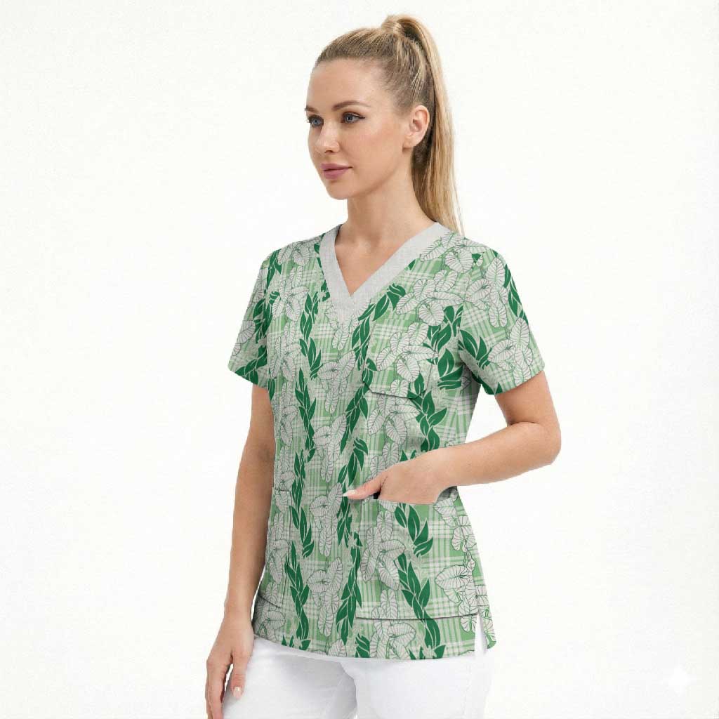 Hawaii Ti Leaf Maile Tuberose Lei Scrub Top With Hanalei Leaf Green