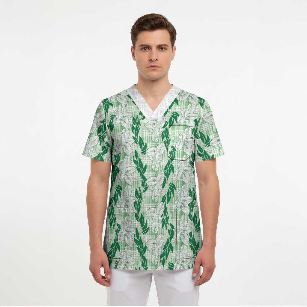 Hawaii Ti Leaf Maile Tuberose Lei Scrub Top With Hanalei Leaf Green