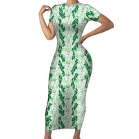 Hawaii Ti Leaf Maile Tuberose Lei Short Sleeve Bodycon Dress With Hanalei Leaf Green