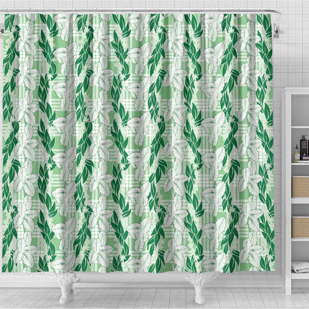 Hawaii Ti Leaf Maile Tuberose Lei Shower Curtain With Hanalei Leaf Green
