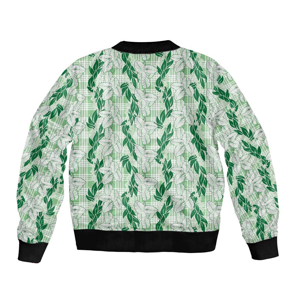 Hawaii Ti Leaf Maile Tuberose Lei Sleeve Zip Bomber Jacket With Hanalei Leaf Green