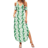 Hawaii Ti Leaf Maile Tuberose Lei Summer Maxi Dress With Hanalei Leaf Green