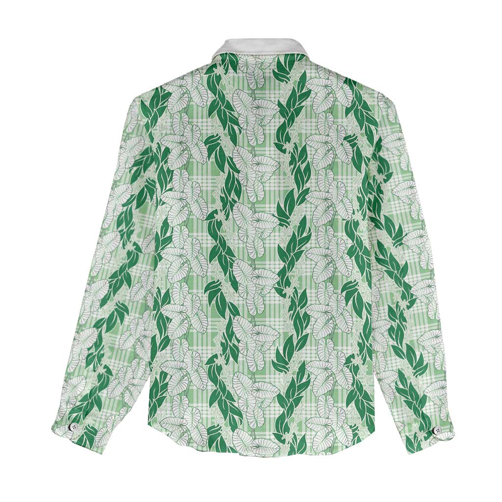 Hawaii Ti Leaf Maile Tuberose Lei Women Casual Shirt With Hanalei Leaf Green