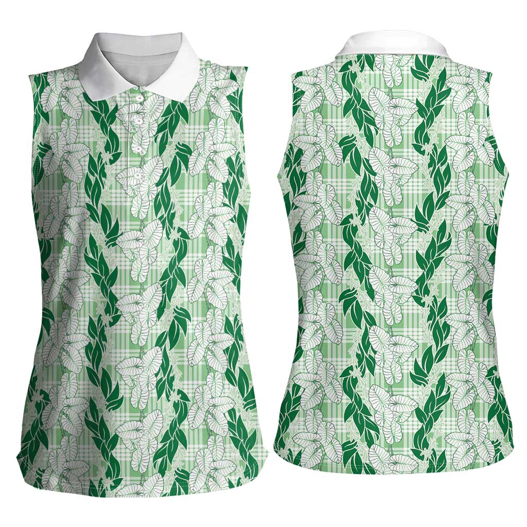Hawaii Ti Leaf Maile Tuberose Lei Women Sleeveless Polo Shirt With Hanalei Leaf Green