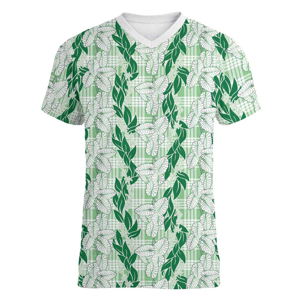 Hawaii Ti Leaf Maile Tuberose Lei Women V-Neck T-Shirt With Hanalei Leaf Green