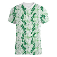 Hawaii Ti Leaf Maile Tuberose Lei Women V-Neck T-Shirt With Hanalei Leaf Green