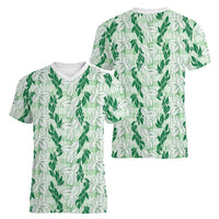 Hawaii Ti Leaf Maile Tuberose Lei Women V-Neck T-Shirt With Hanalei Leaf Green