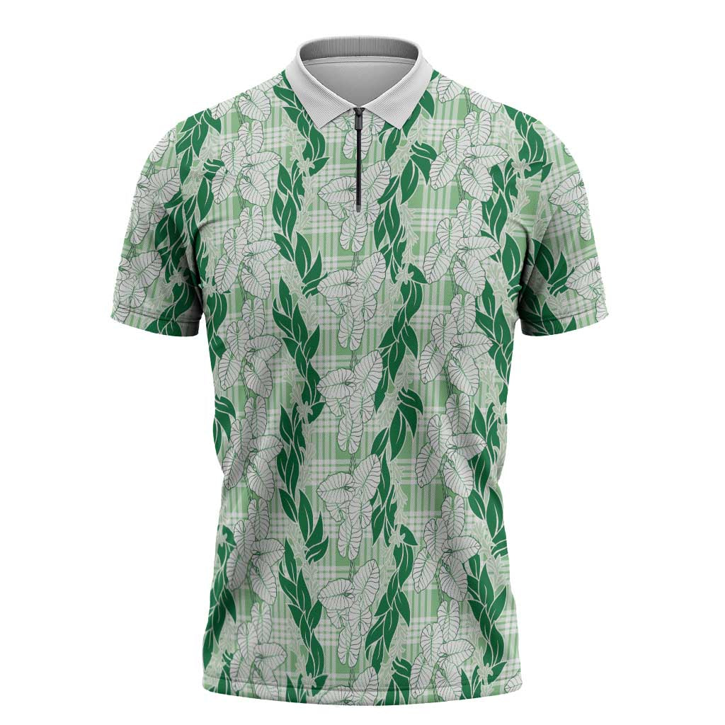 Hawaii Ti Leaf Maile Tuberose Lei Zipper Polo Shirt With Hanalei Leaf Green