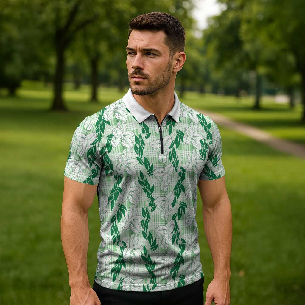 Hawaii Ti Leaf Maile Tuberose Lei Zipper Polo Shirt With Hanalei Leaf Green
