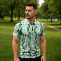 Hawaii Ti Leaf Maile Tuberose Lei Zipper Polo Shirt With Hanalei Leaf Green