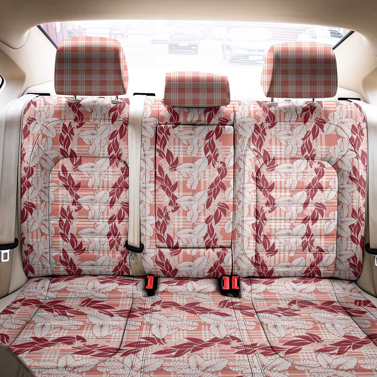 Hawaii Ti Leaf Maile Tuberose Lei Back Car Seat Cover With Hanalei Leaf Red
